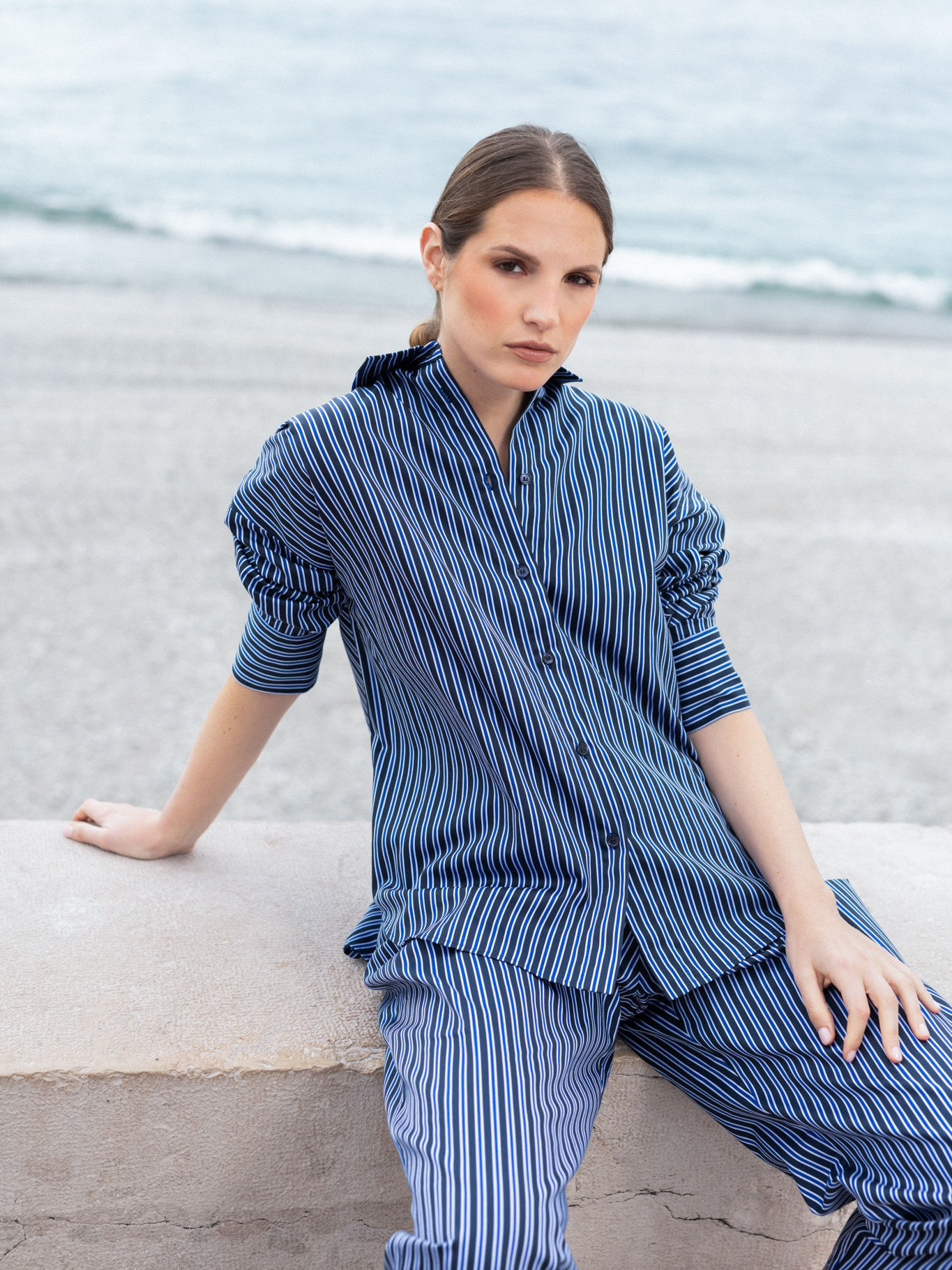 Lacivert Mavi Mix Çizgili Oversize Gömlek