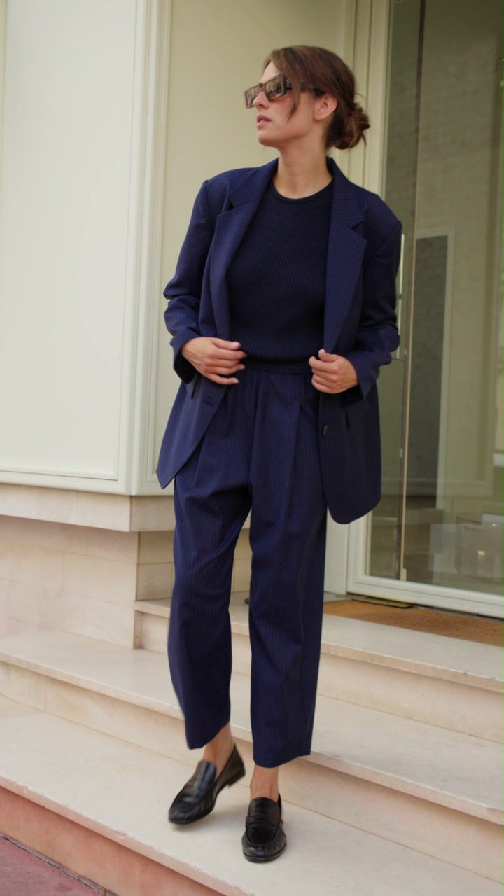 Thumbnail: Pinstripe Wool Oversize Blazer Navy Blue