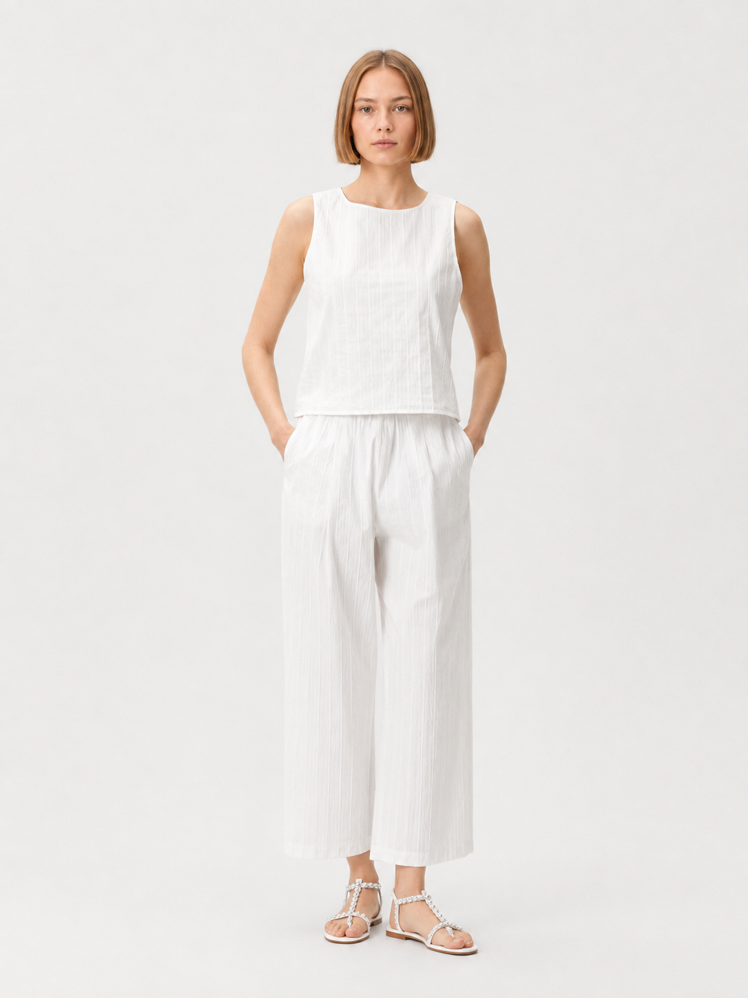 White Ribbed Poplin Trousers
