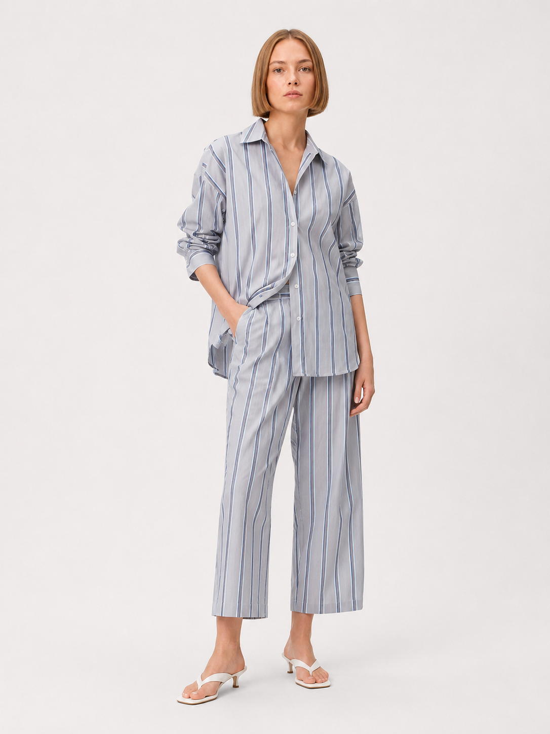 Striped Poplin Trousers Blue & Grey
