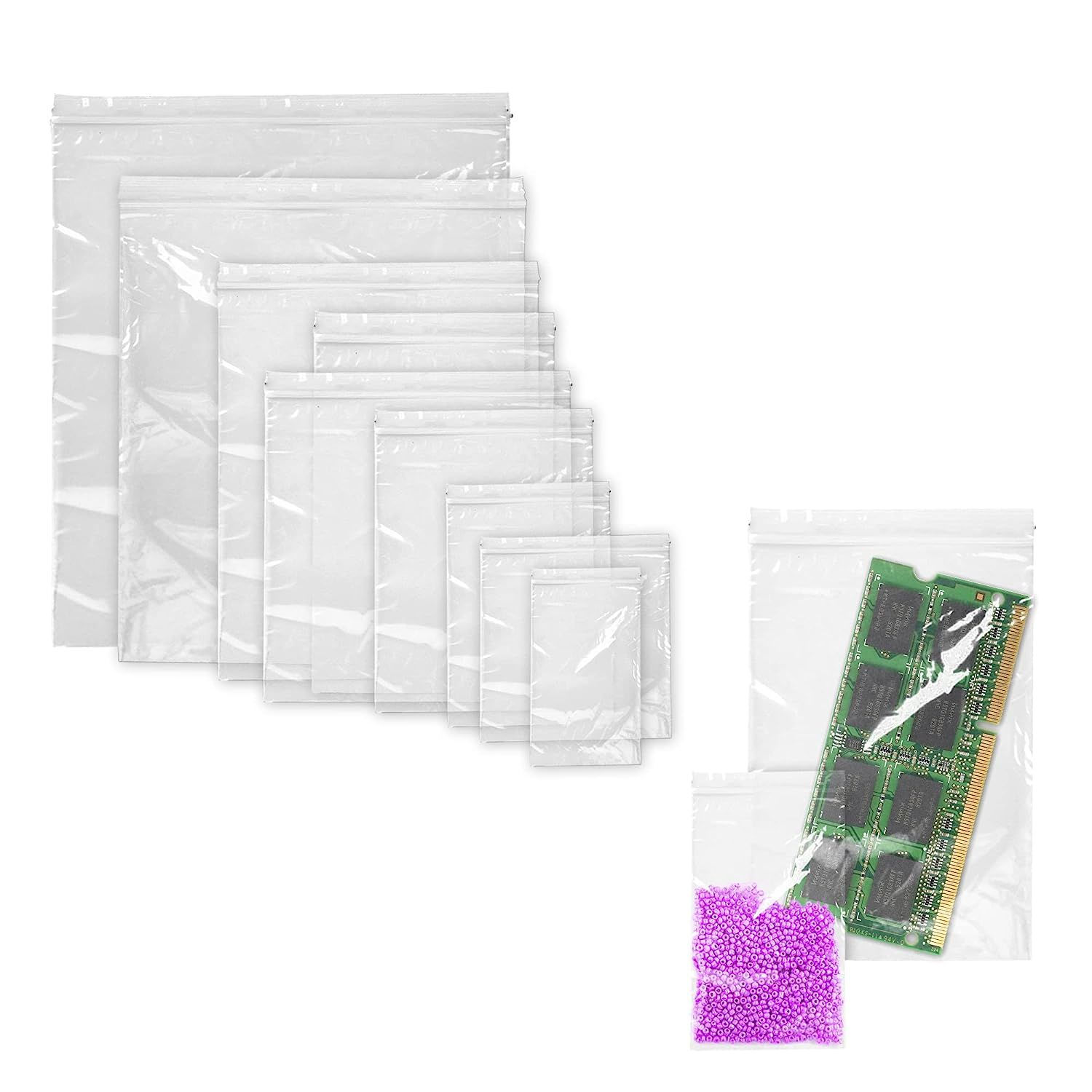 Pack of 1000 Clear Zipper Bags. Assortment 4 mil Clear Seal Top Plastic Bags. 10