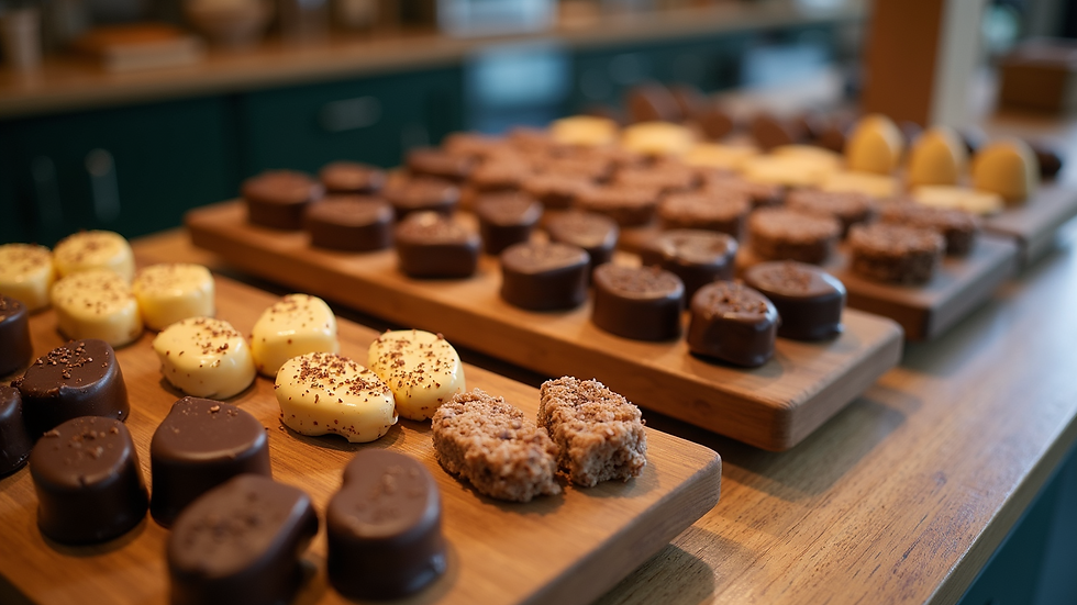 High angle view of a wooden counter displaying a variety of artisanal sweets and chocolates
