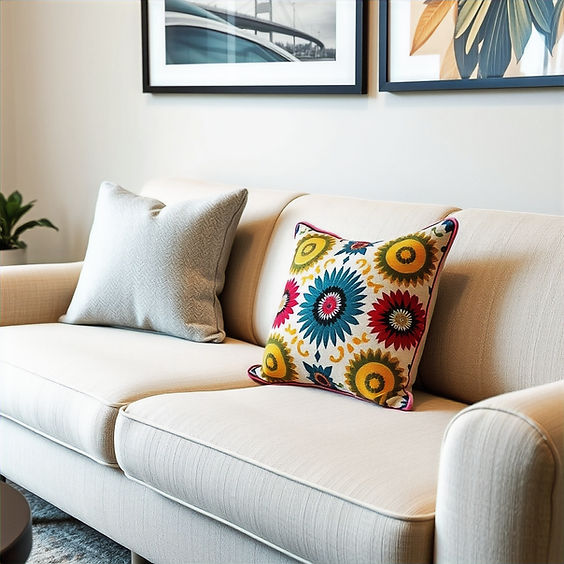 warm and inviting sofa with colorful pil