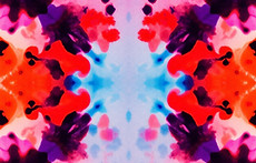 simple watercolor inkblot with soft warm colors (hues of purple and pink and orange and bl