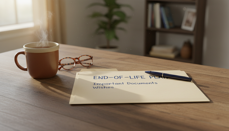 Eye-level view of a handwritten planning folder on a kitchen table.