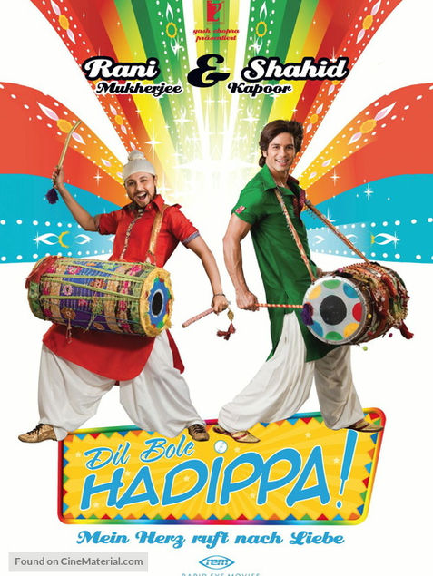 Rani and Shahid, playing drums, on "Dil Bole Hadippa!" movie poster.