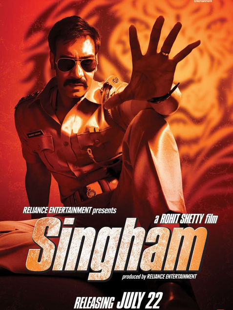 Ajay Devgn as Singham in police uniform, 'Singham' movie poster, Releasing July 22.