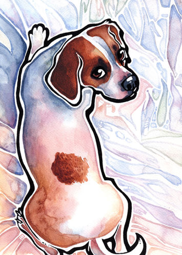 Painting of a small white dog with brown patches, posed on white fabric