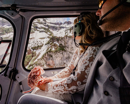 Bride and groom in a helicopter