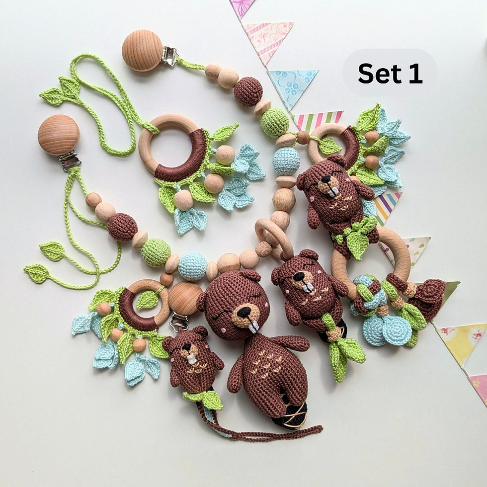 Thumbnail: Set No. 1: one of the options for a gift set of 5 baby toys from the Caring Beaver collection