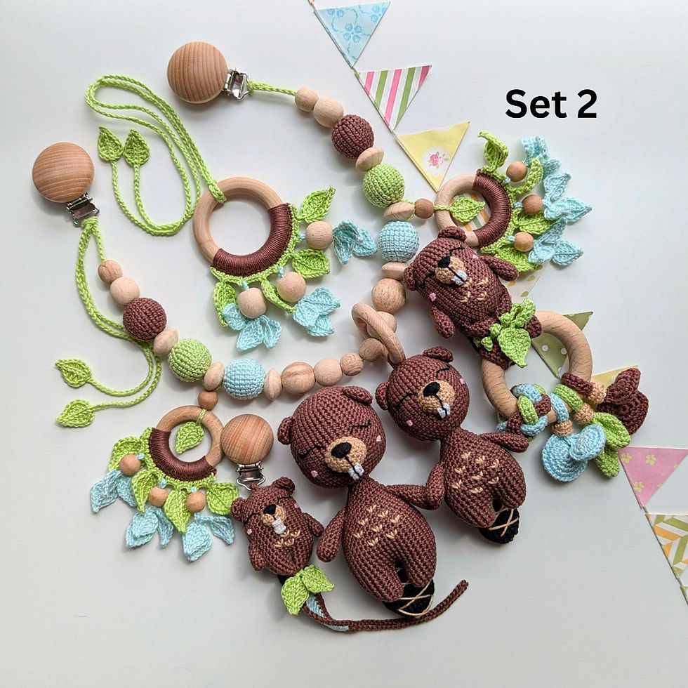 Thumbnail: Set No. 2: one of the options for a gift set of 5 baby toys from the Caring Beaver collection