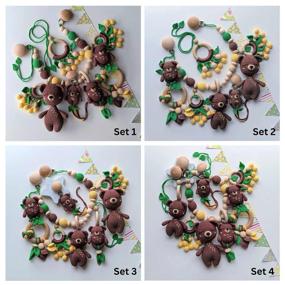 Thumbnail: Collage showing various combinations of handmade bear-themed baby toy sets