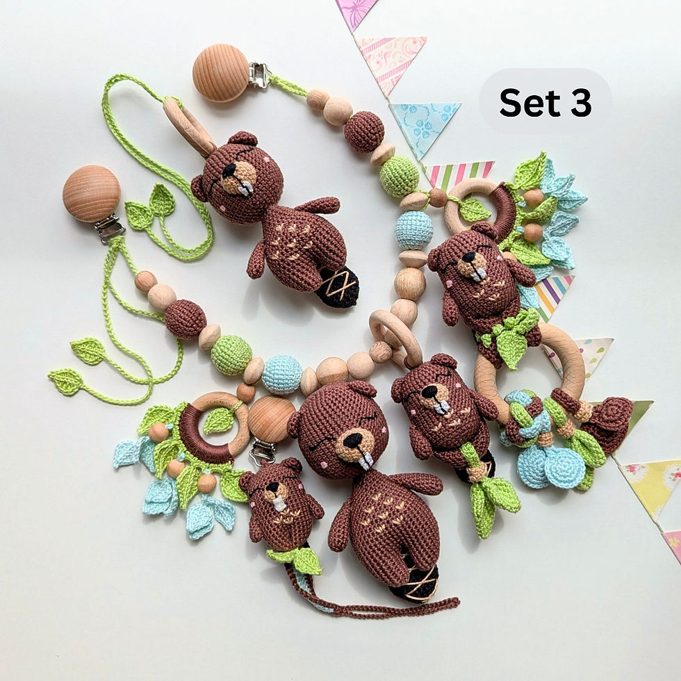 Thumbnail: Set No. 3: one of the options for a gift set of 5 baby toys from the Caring Beaver collection