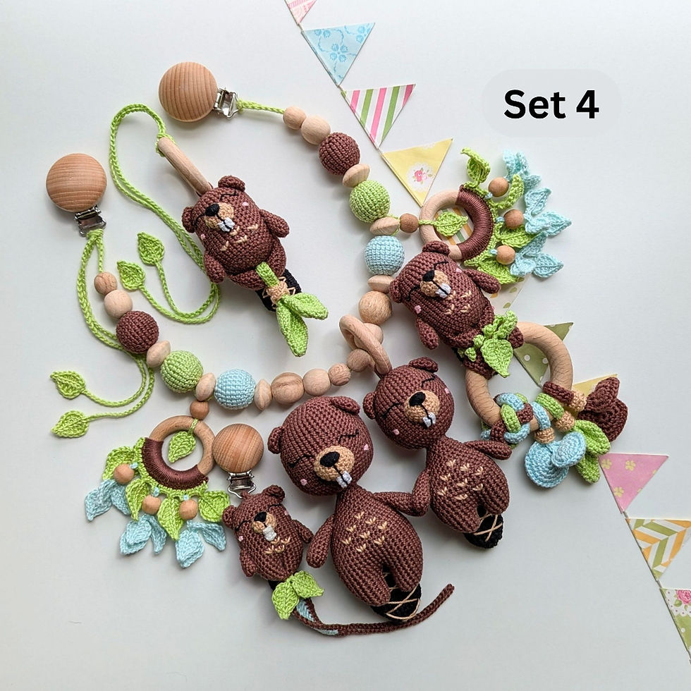 Thumbnail: Set No. 4: one of the options for a gift set of 5 baby toys from the Caring Beaver collection