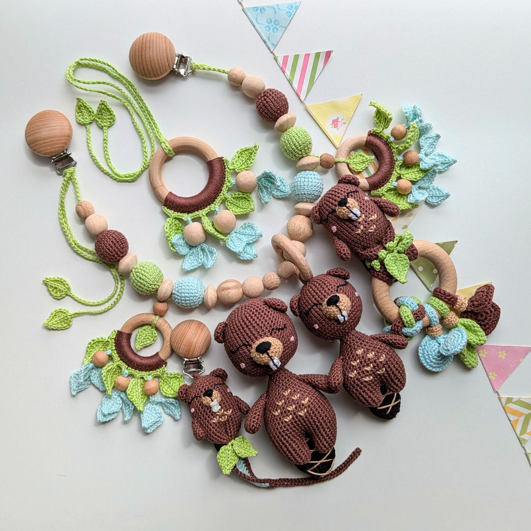 Gift set of 5 handmade baby toys with a Beaver theme in brown and green colors