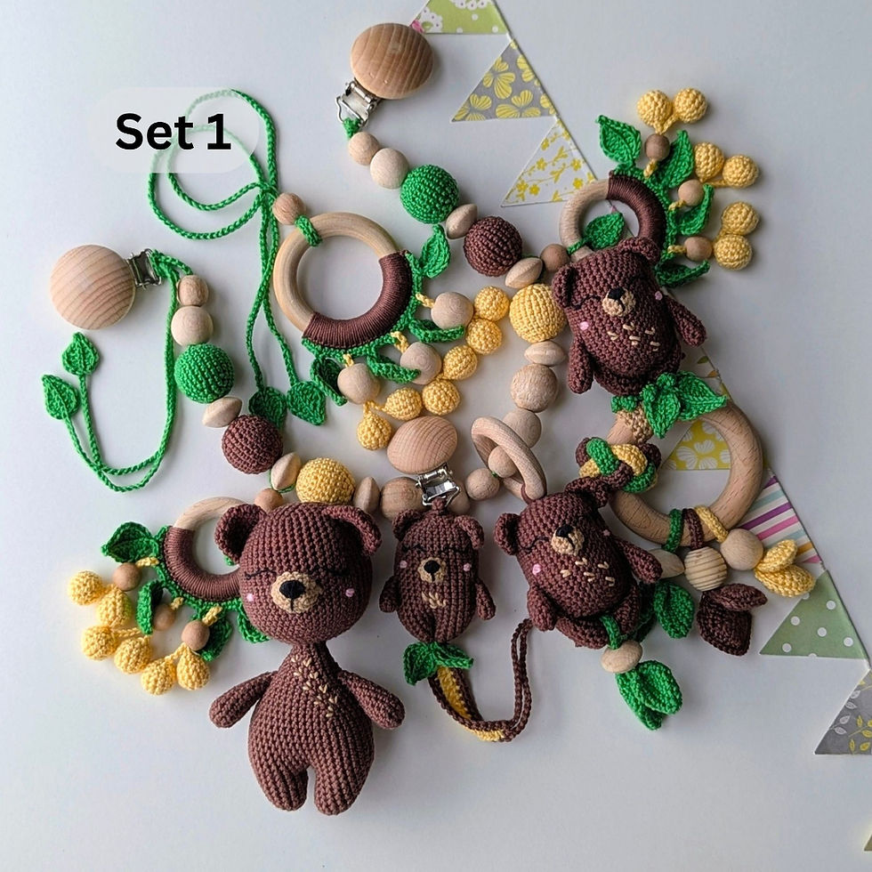 Thumbnail: Bear-themed Set 1: pacifier clip, rattle, stuffed toy, hanging toy crochet wooden ring, and rattle stroller chain