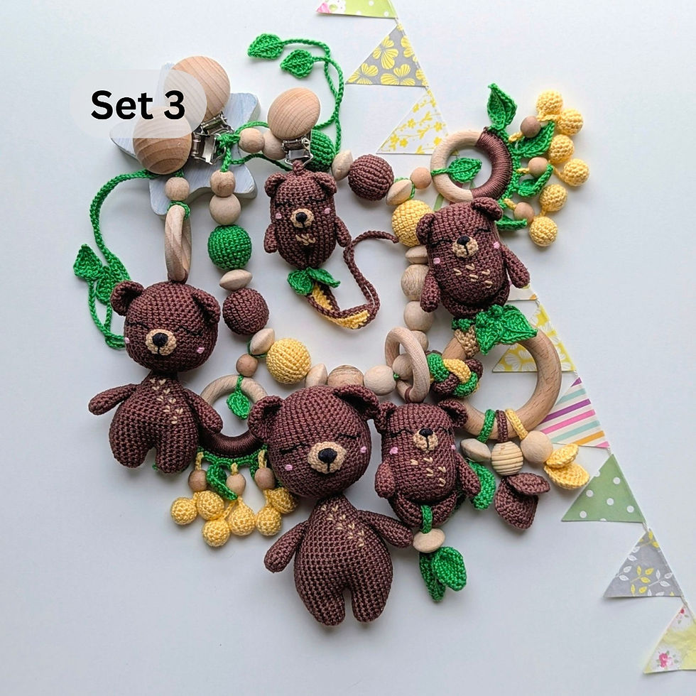 Thumbnail: Bear-themed Set 3: pacifier clip, rattle, stuffed toy, soft bear hanging toy, and rattle stroller chain