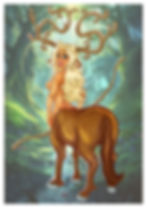 Beautiful centaur with long blonde hair in a mystical forest setting