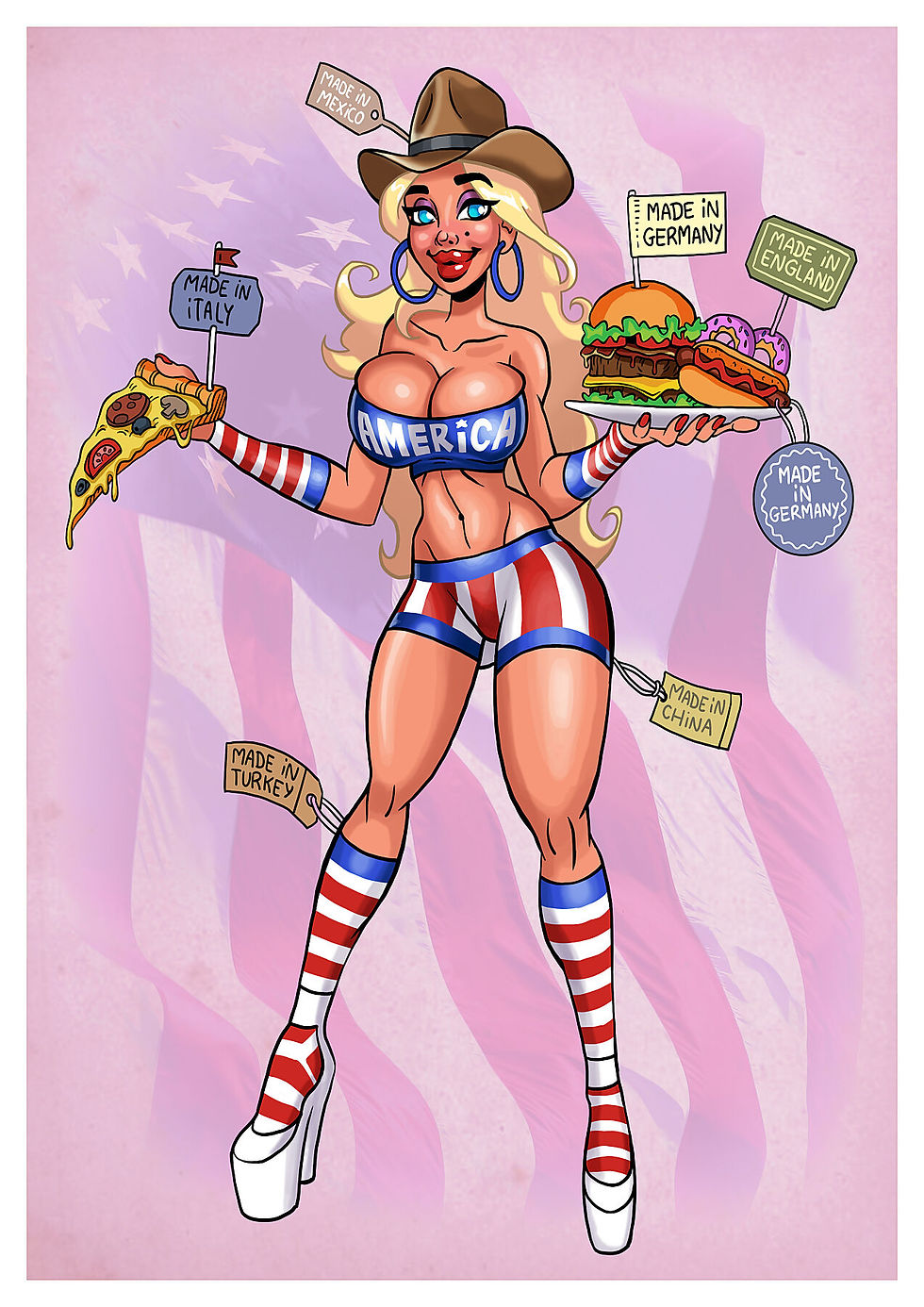 Cheerful American girl humorously embracing cultural diversity and the ironic origins of American traditions