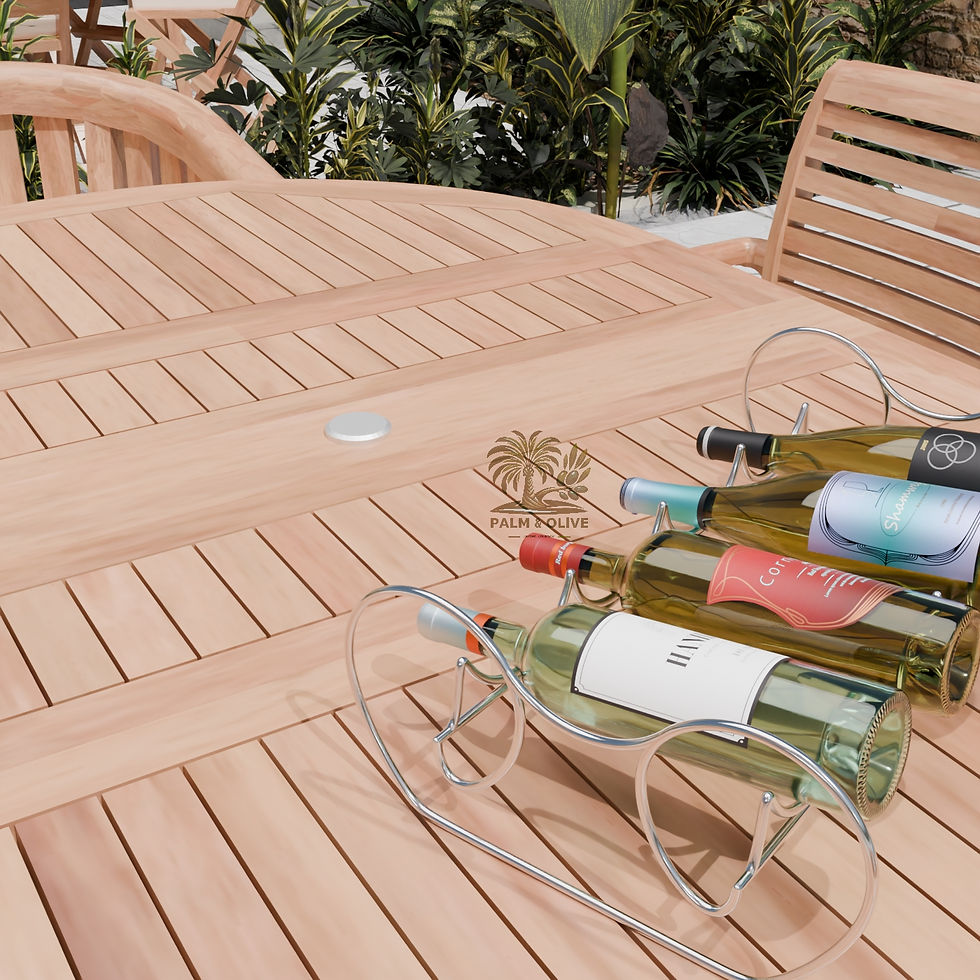 Thumbnail: eak round-to-oval 120–170 cm extending garden table with four Oxford stacking chairs and two Banana chairs, free cream cushio