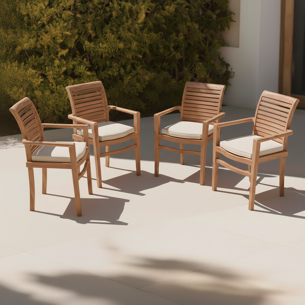 Set of 4 Oxford Teak Stacking Chairs for sale in a uk garden center