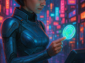 Una mujer futurista con una moneda virtual