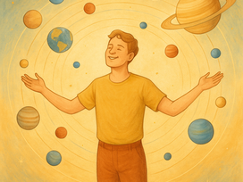 Un hombre ubicado como el sol en medio de un sistema solar