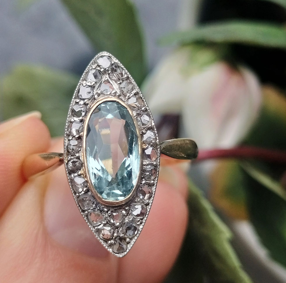 Miniaturbild: Sale! Victorian Navette Aquamarine Diamond Bicolor Ring 18ct 750 Gold