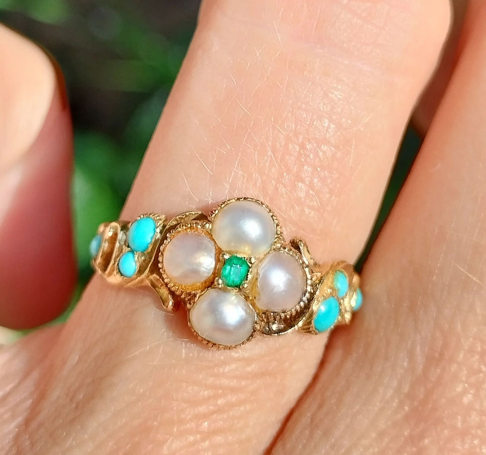 Miniaturbild: Georgian Pearl Ring with Turquoise and Emerald 14ct Gold