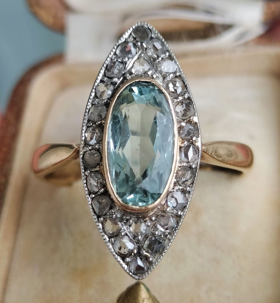 Miniaturbild: Sale! Victorian Navette Aquamarine Diamond Bicolor Ring 18ct 750 Gold