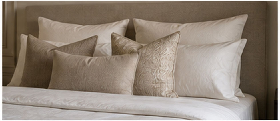 Vol hotelbed met grote witte en beige kussens in een rustige slaapkamer