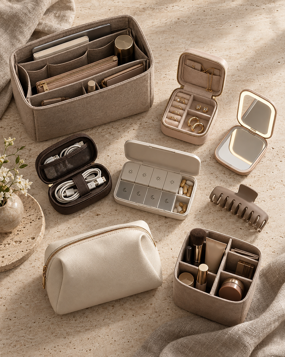 Luxe flatlay met acht handige everyday essentials en organizers