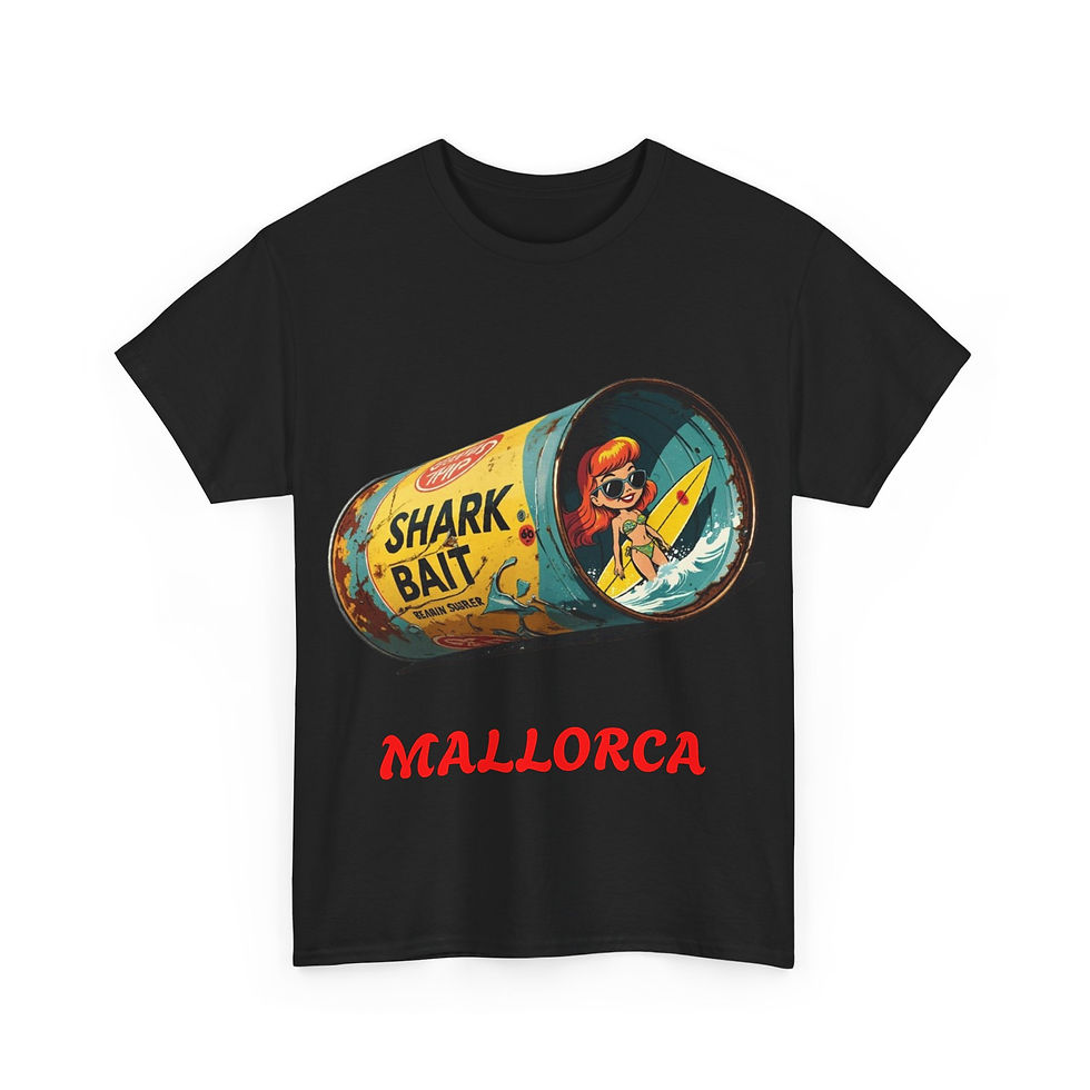 Miniaturbild: Mallorca Shirt with female Surfer "Shark bait" Design- Unisex Heavy Cotton Tee