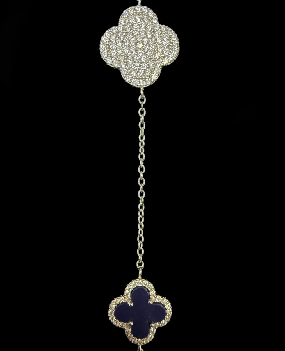 Thumbnail: 1 mm Blue and Cubic Zirconia Stone Double Sided Clover Motif Chain Silver