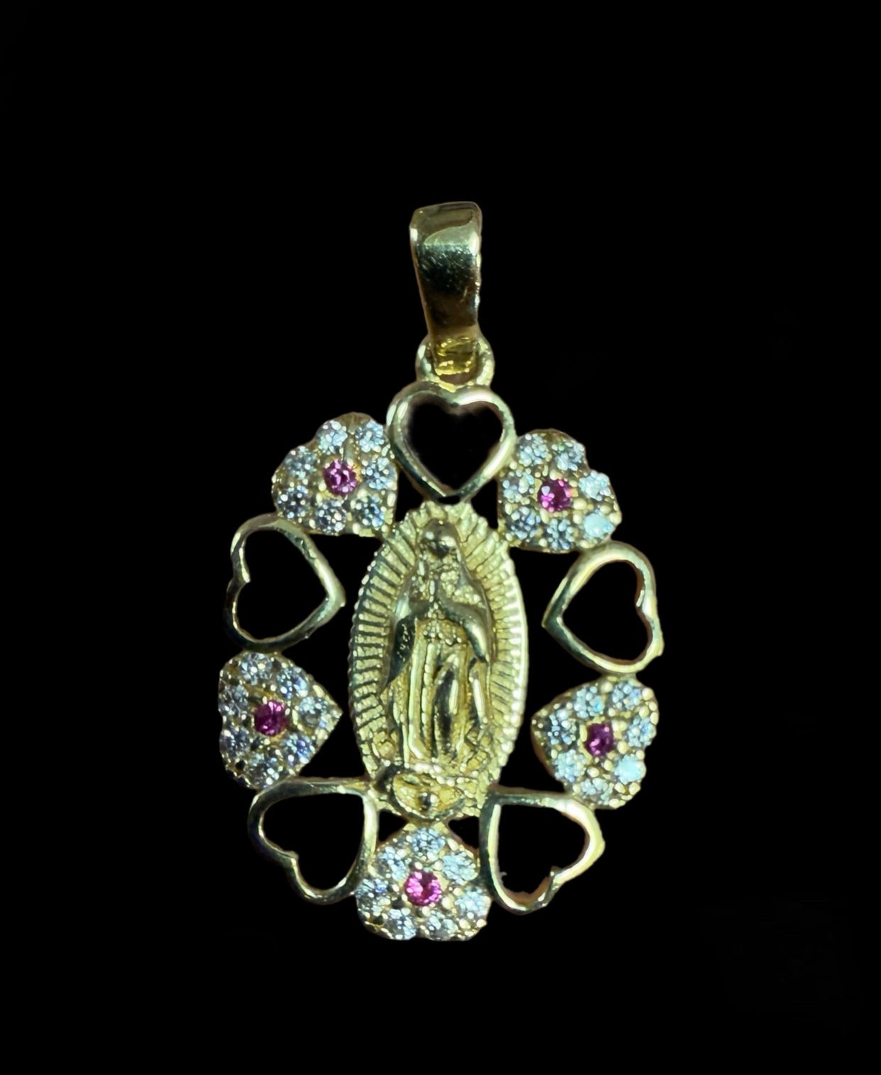Virgin Mary Lady Guadalupe Heart Pendant Gold 10k