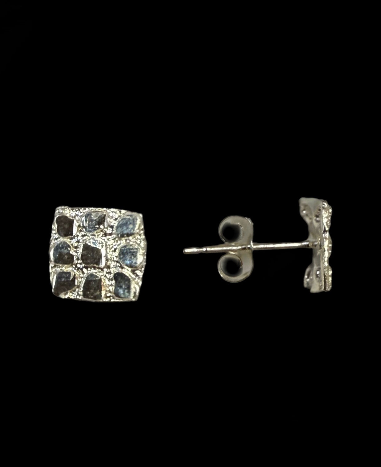 Square Nugget Stud Earrings Push Back Silver