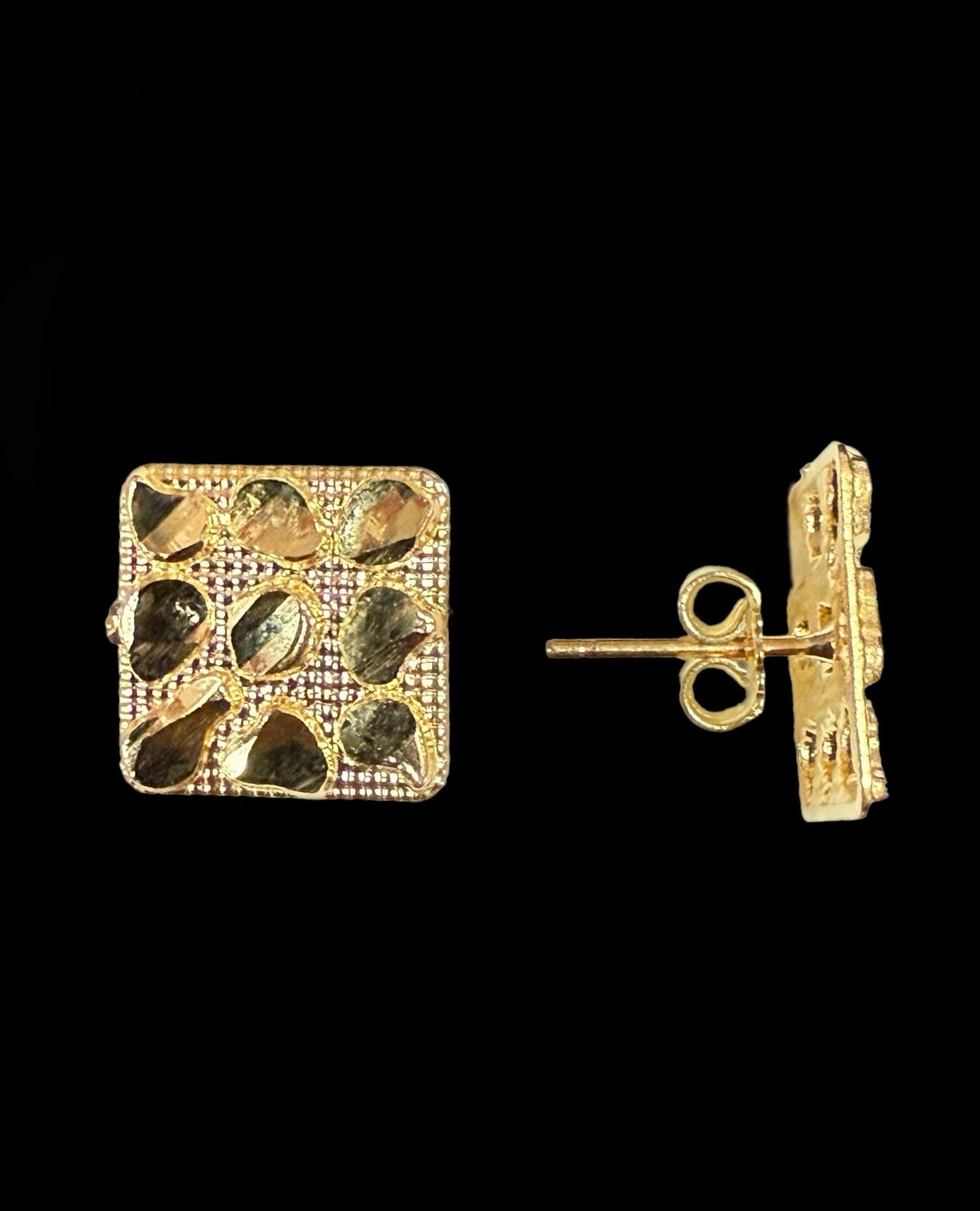  Square Nugget Stud Earrings Push Back Gold 10k
