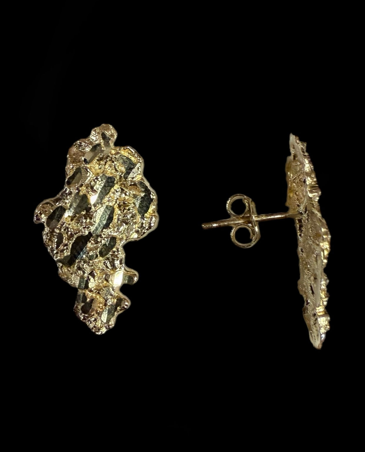 Big Nugget Stud Earrings Push Back Gold 10k