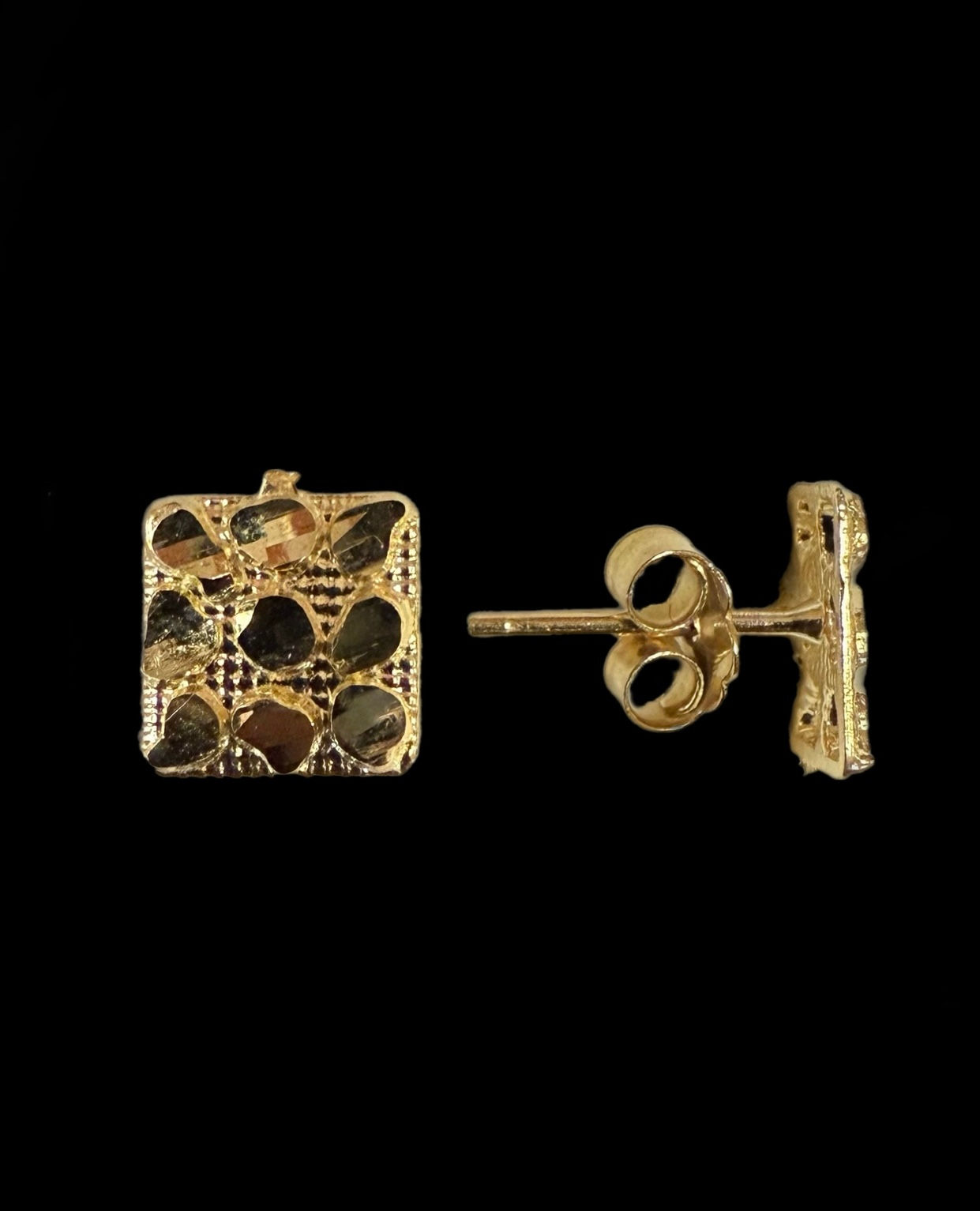  Square Nugget Stud Earrings Push Back Gold 10k