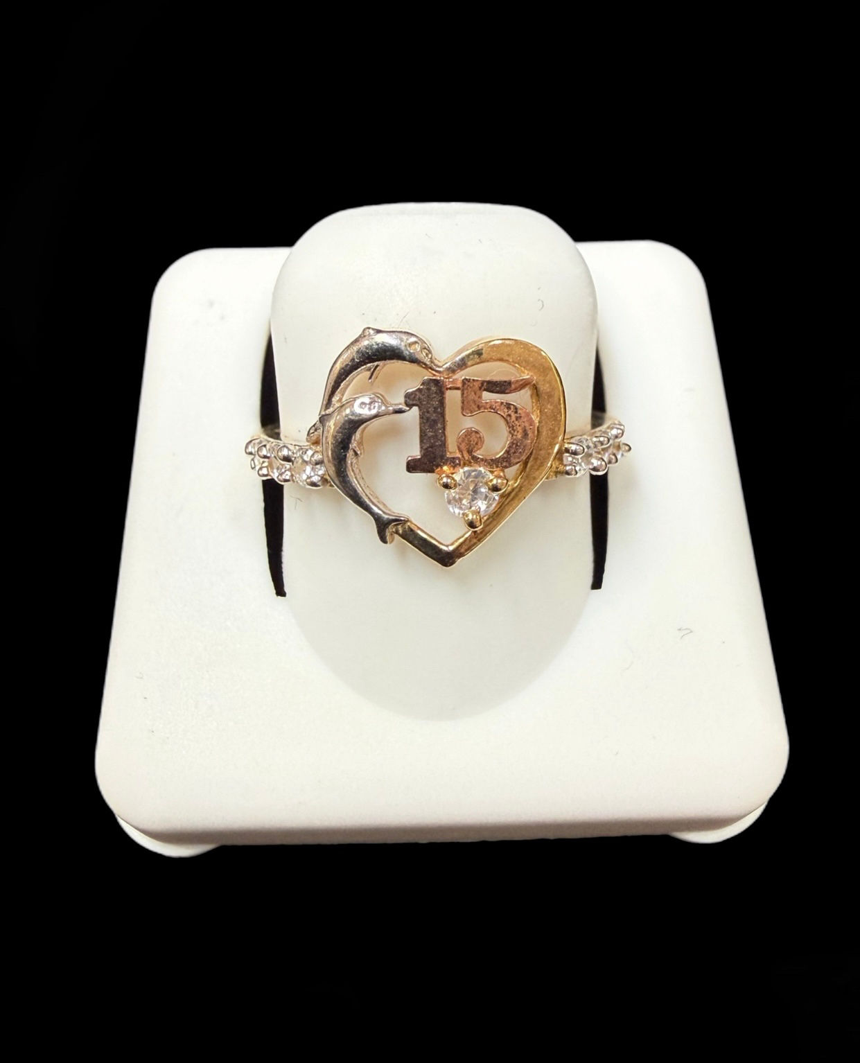 15 Quinceañera Años Dolphin Heart Ring Gold 10k