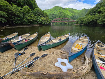 森林に囲まれた静かな湖の岸辺の複数のカヌー