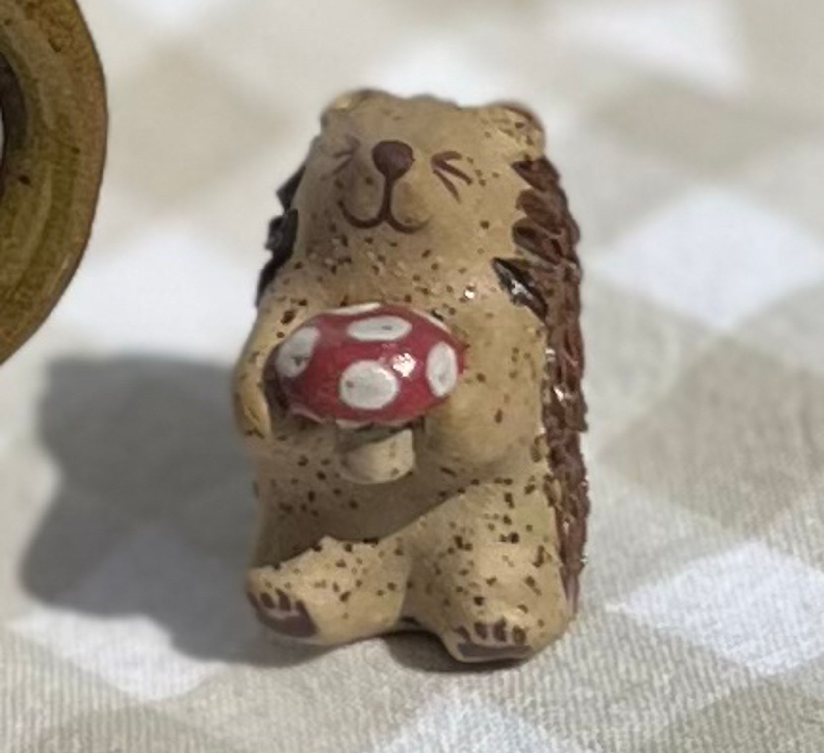 Handmade Ceramic Hedgehog Figurine with Toadstool 