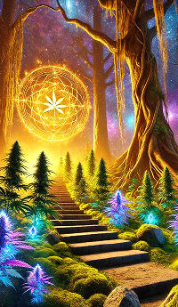 Mystical forest staircase lined with luminous cannabis plants and moss, leading toward a radiant golden mandala in the night sky with a leaf at its center, symbolizing sacred plant guidance, balance, and gentle power from the CannaWisdom Oracle Card 8 “Queen of Plants.”