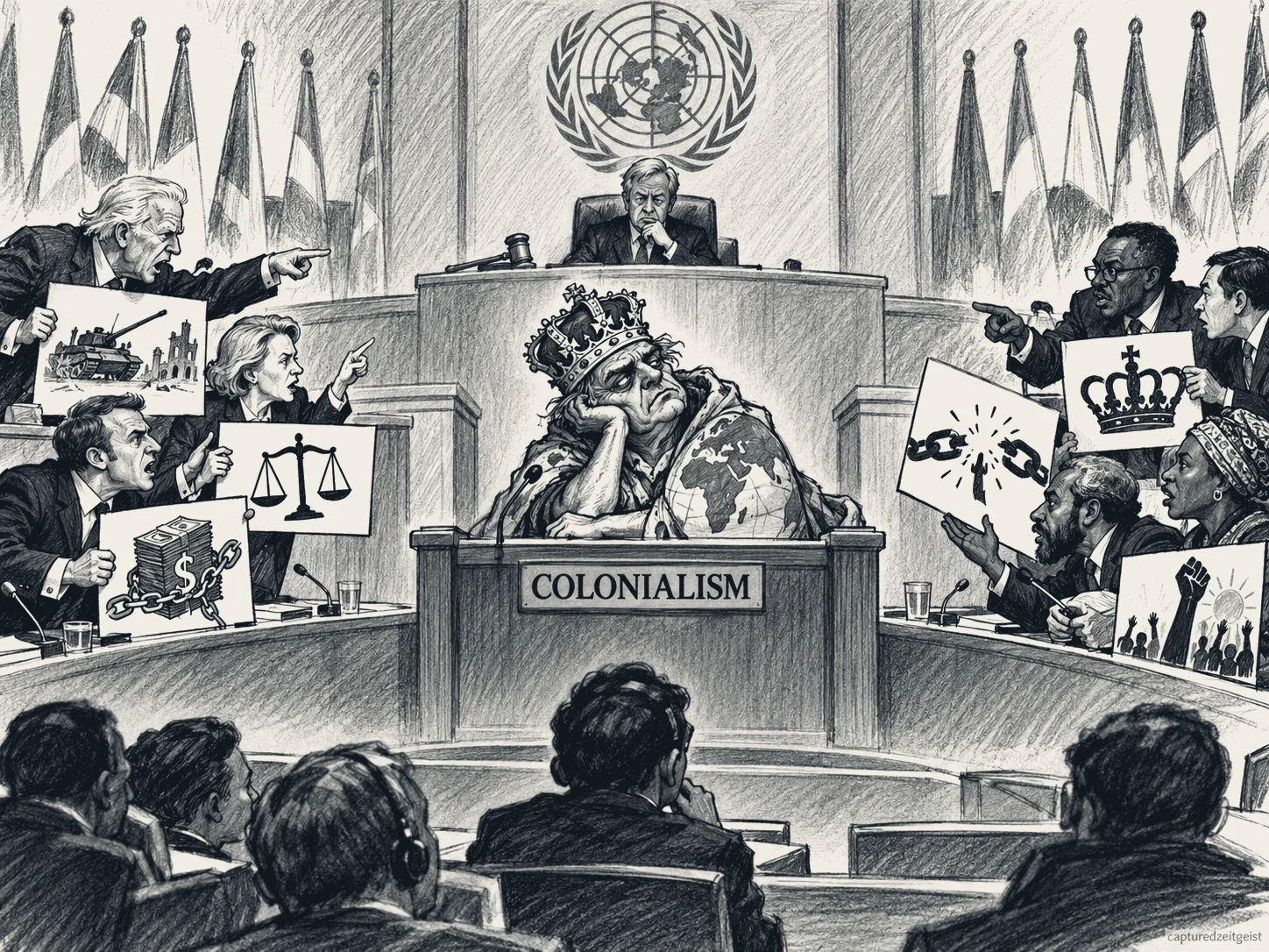 Pen and ink illustration of a UN chamber. A slumped, crowned figure in a robe printed with a world map sits behind a podium marked Colonialism. Delegates on both sides point and hold up drawings of a tank, scales of justice, money in chains, a broken chain, a crown and raised fists.