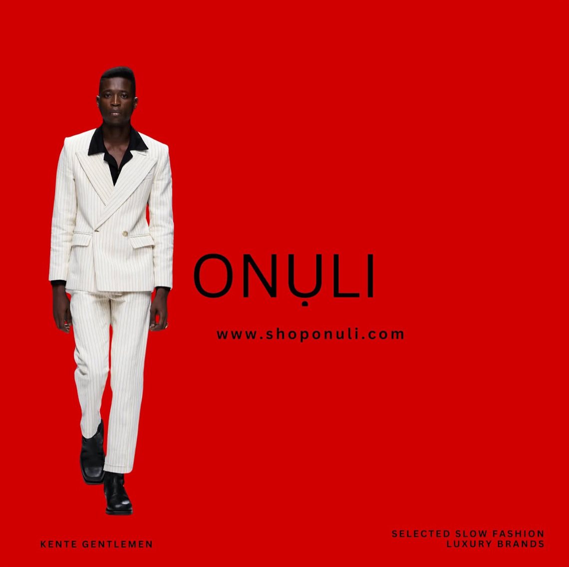 Onuli campaign image: a model in a cream pinstripe suit on red, with the Onuli logo