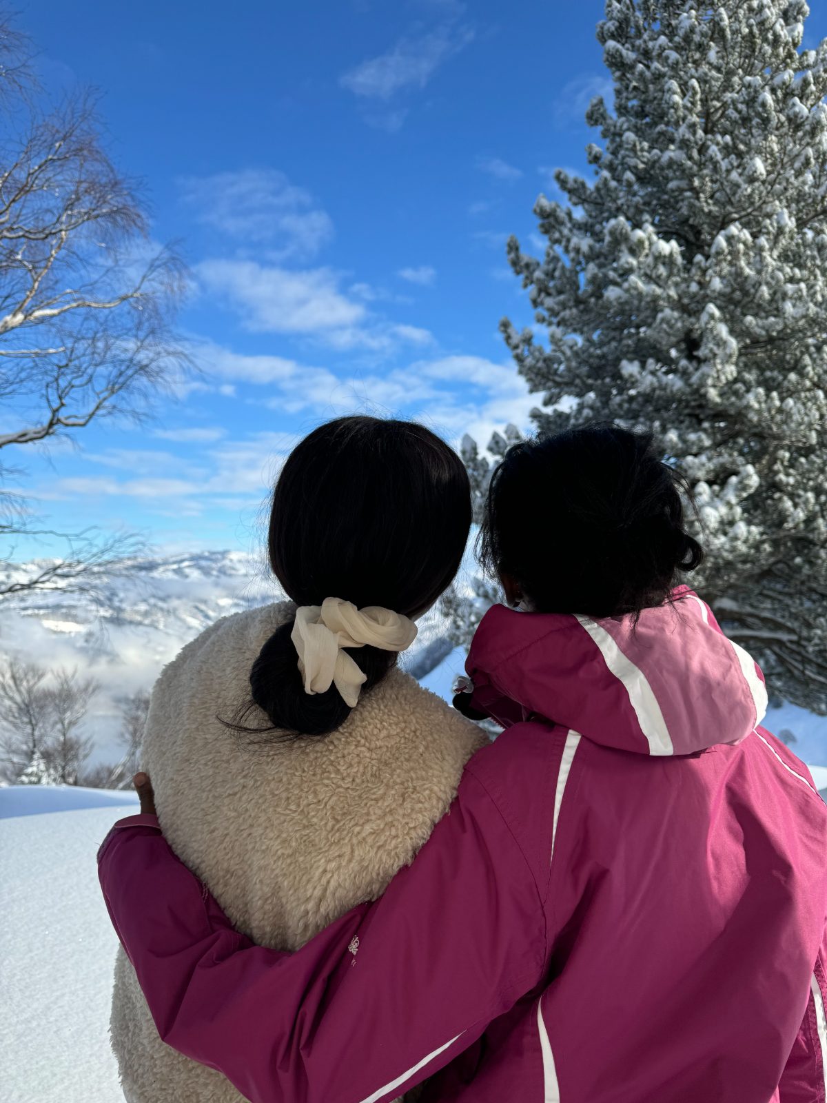 Two women seen from behind, arm in arm, looking out over snowy mountains