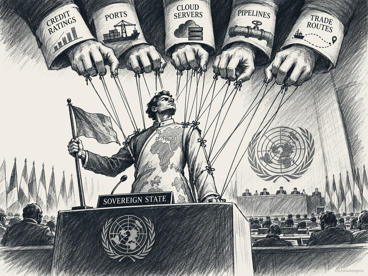 Pen and ink illustration. Hands emerging from sleeves labelled credit ratings, ports, cloud servers, pipelines and trade routes work the strings of a marionette holding a flag at a podium marked Sovereign State, in the UN General Assembly hall.