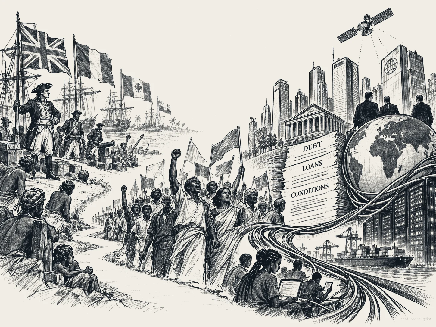 Pen and ink illustration reading left to right: colonial officers with flags and ships, a march for independence with raised fists, then skyscrapers, a bank, stacks of papers marked debt, loans and conditions, a cabled globe, a container port and a satellite.