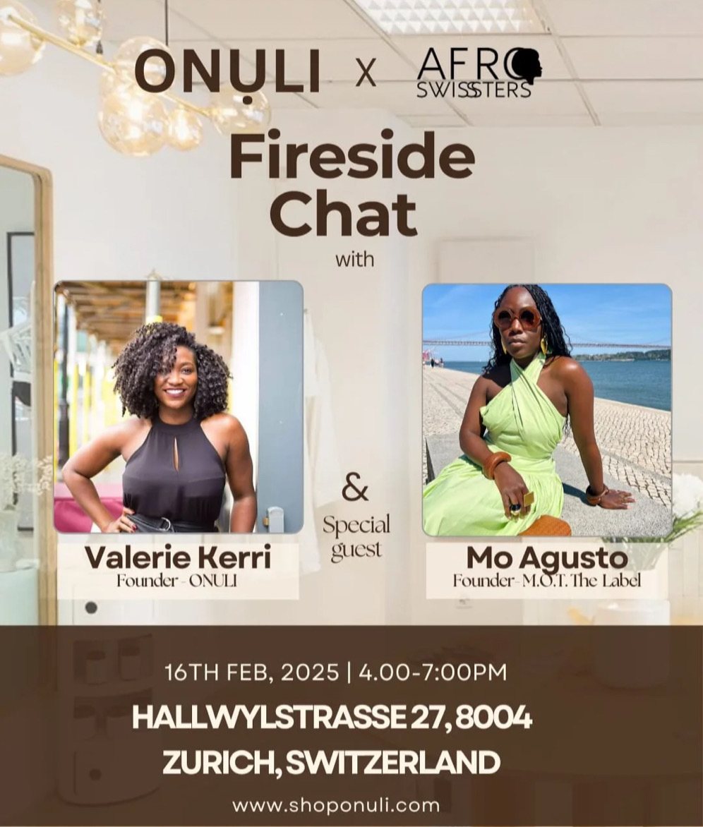 Invitation: Onuli × AfroSwissters fireside chat with Valerie Kerri and special guest Mo Agusto, 16 February 2025, Zürich