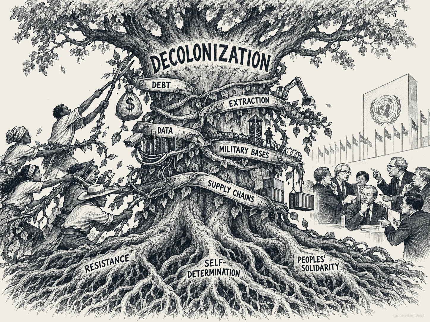 Pen and ink illustration of a great tree labelled Decolonization. Bands marked debt, extraction, data, military bases and supply chains bind its trunk; its roots read resistance, self-determination and peoples' solidarity. People climb and pull at the bands while men in suits confer beside the UN building.